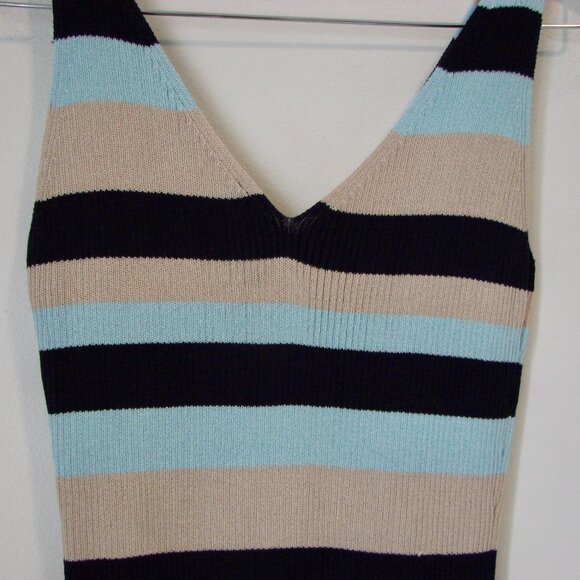 BCBG MaxAzria Rib Knit Tank Dress Bodycon Blue Tan Striped V-neck Stretch Small - Picture 10 of 11